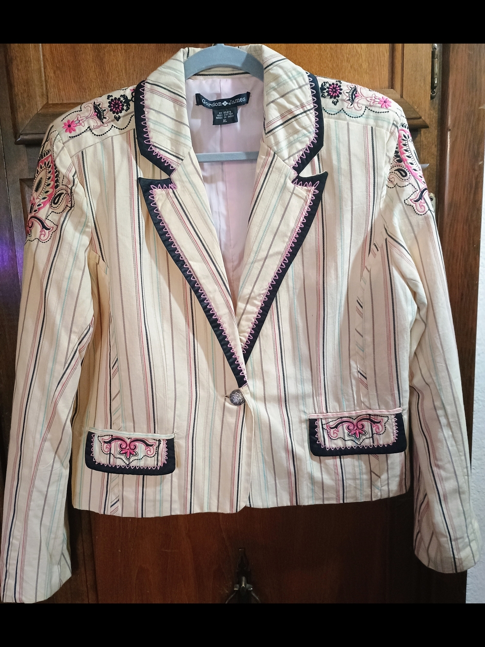 Striped Cream, Pink Embroidered Western Blazer